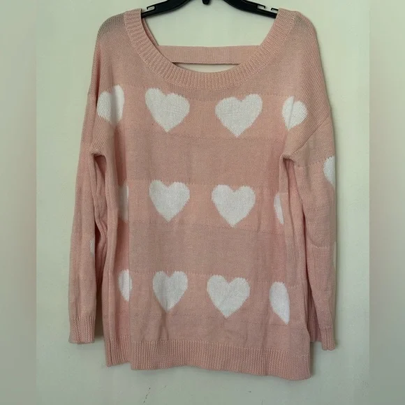 Pink and White V-Neck Sweater with Heart Pattern - Picture 8 of 9